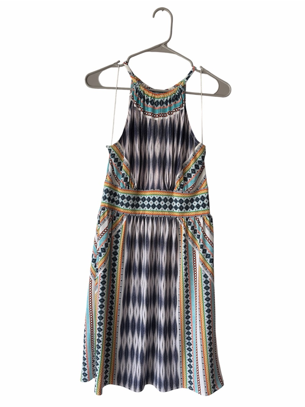 London Times Striped Geometric Dress with Teal, Navy & Mustard Accents, size 6